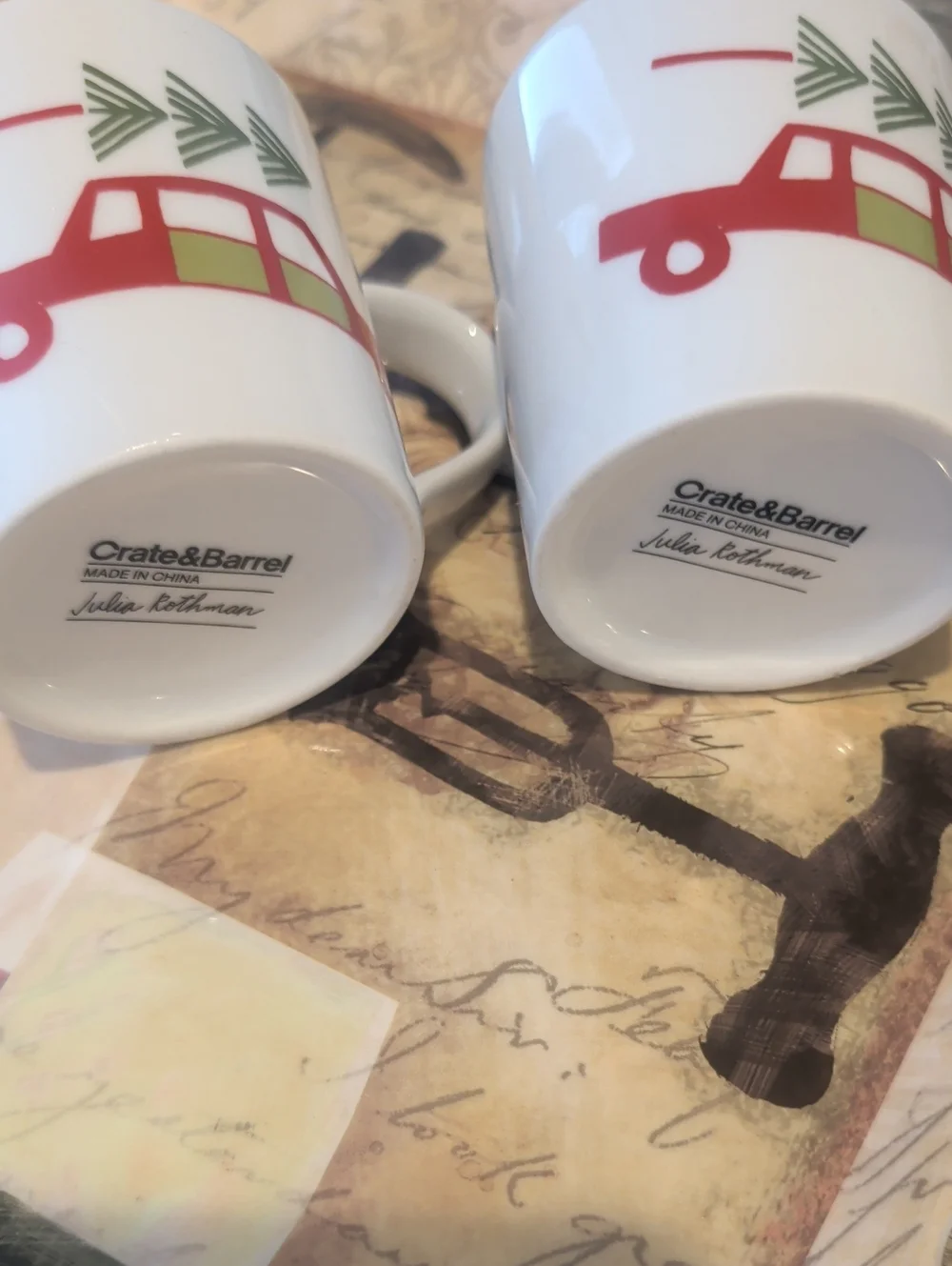 Crate And Barrel Holiday Tree-Top Car Ceramic Mini Mugs- White with Red & Green